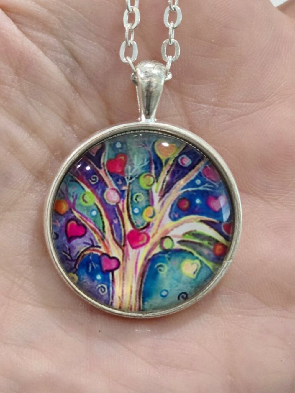Handmade ✦ Tree of Life Glass Pendant ✦ Artistic Vibrant Cab Necklace 18" NWT - Picture 9 of 12